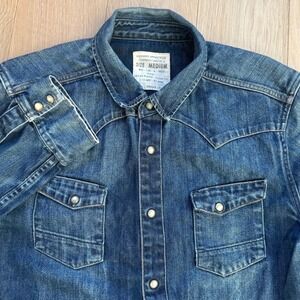 All Saints Denim Western Shirt Mens Medium Blue Long Sleeve Snap Button Indigo